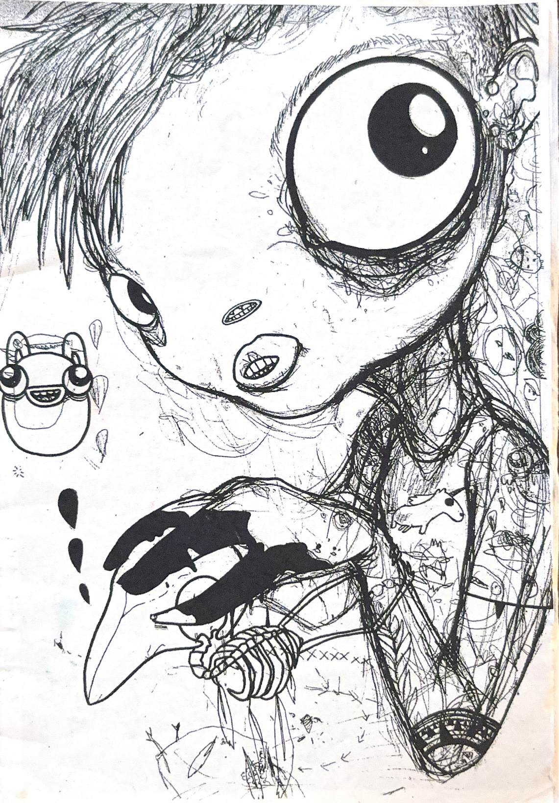 Sketch of character with large eyes and a small face, holding onto an animal skeleton