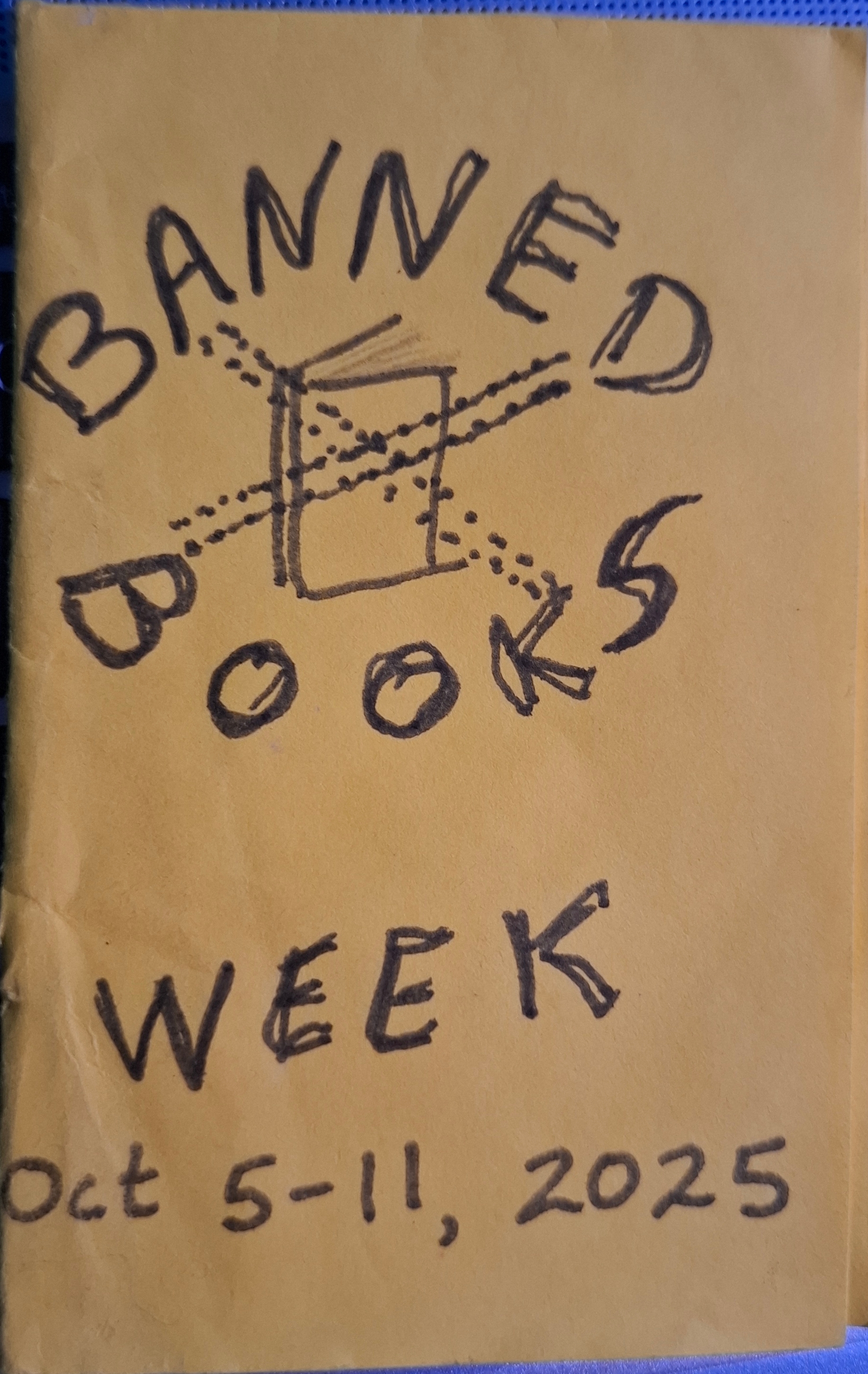 Drawing of a crossed out half-open book on yellow background